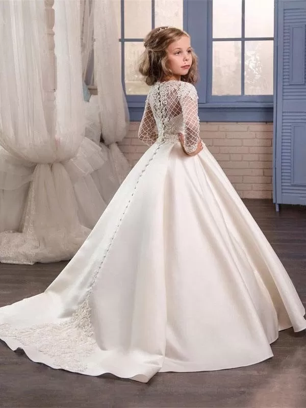 Long Sleeve Lace Flower Girl Dresses Balll Gowns For Girls