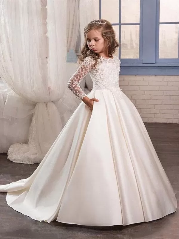 Long Sleeve Lace Flower Girl Dresses Balll Gowns For Girls