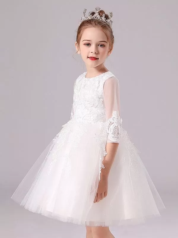 Lovely Pink Lace Flower Girl Dresses Half Sleeves Silhouette Short Princess Dress Kids Social Party Dresses