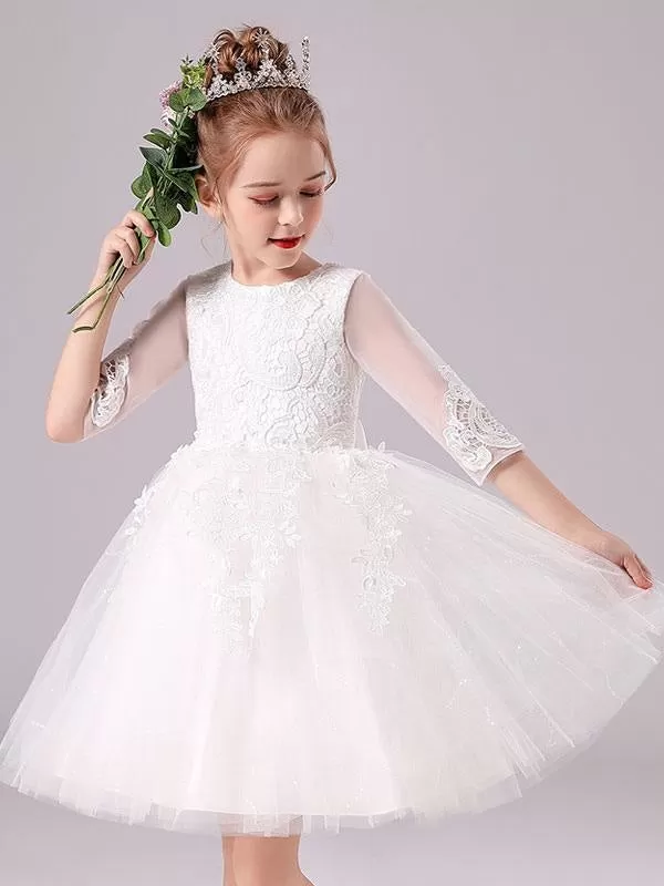 Lovely Pink Lace Flower Girl Dresses Half Sleeves Silhouette Short Princess Dress Kids Social Party Dresses