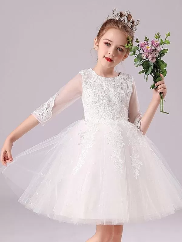 Lovely Pink Lace Flower Girl Dresses Half Sleeves Silhouette Short Princess Dress Kids Social Party Dresses