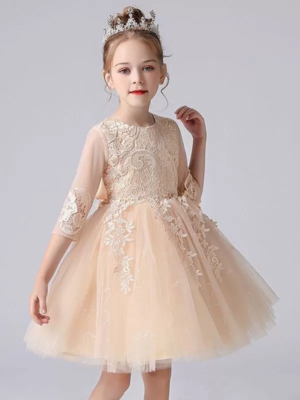 Lovely Pink Lace Flower Girl Dresses Half Sleeves Silhouette Short Princess Dress Kids Social Party Dresses