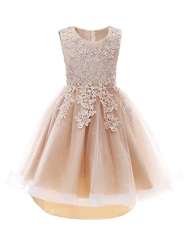 Lovely Pink Lace Tulle Flower Girl Dresses Jewel Neck Sleeveless Embroidered Kids Party Dresses