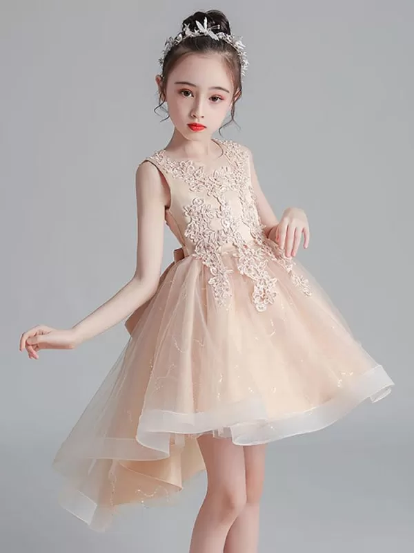 Lovely Pink Lace Tulle Flower Girl Dresses Jewel Neck Sleeveless Embroidered Kids Party Dresses