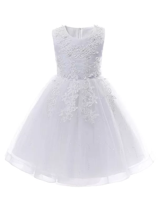 Lovely Pink Lace Tulle Flower Girl Dresses Jewel Neck Sleeveless Embroidered Kids Party Dresses