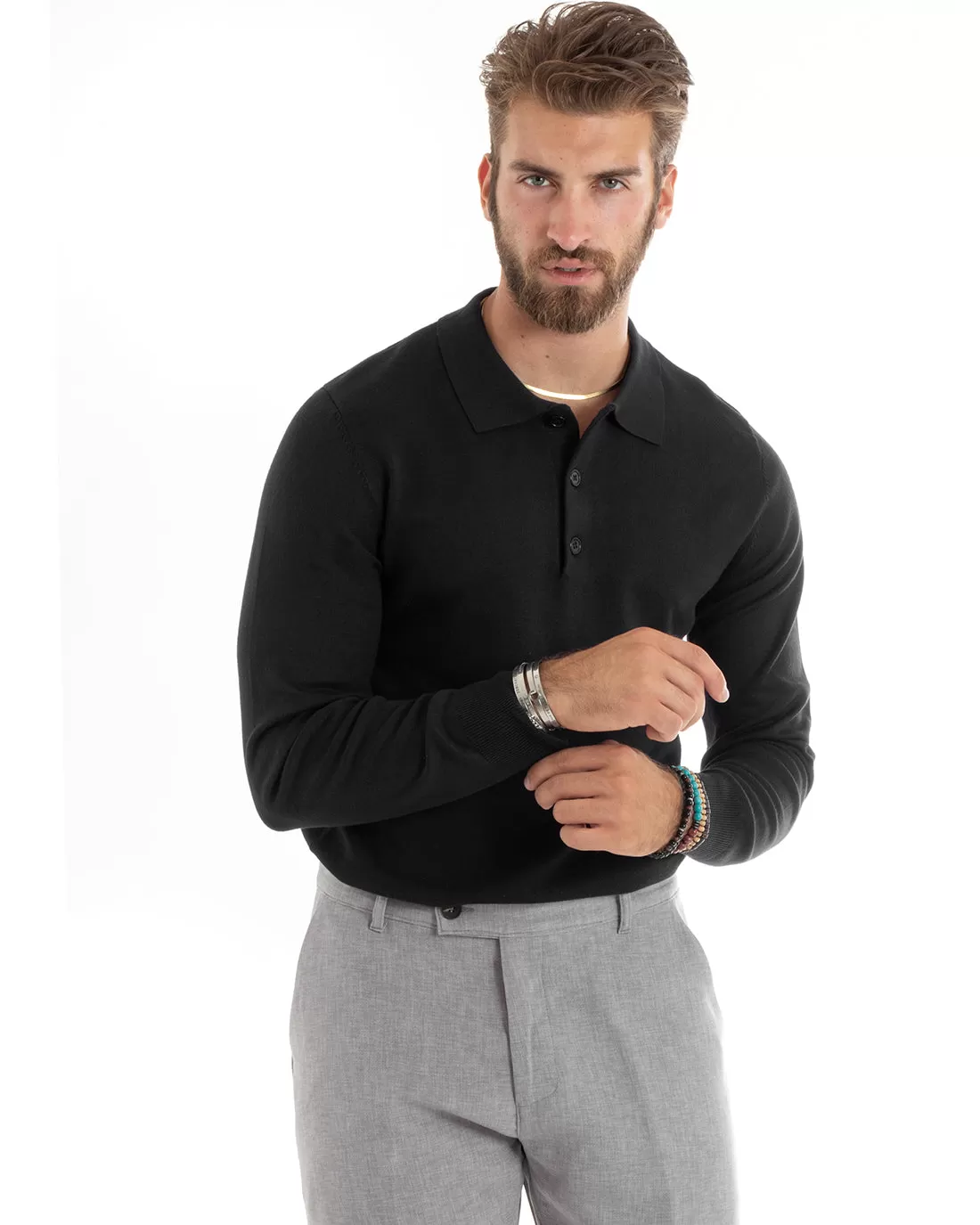 Maglioncino Uomo Casual Maglia Con Colletto Polo Tinta Unita Basic Nero GIOSAL-M2680A