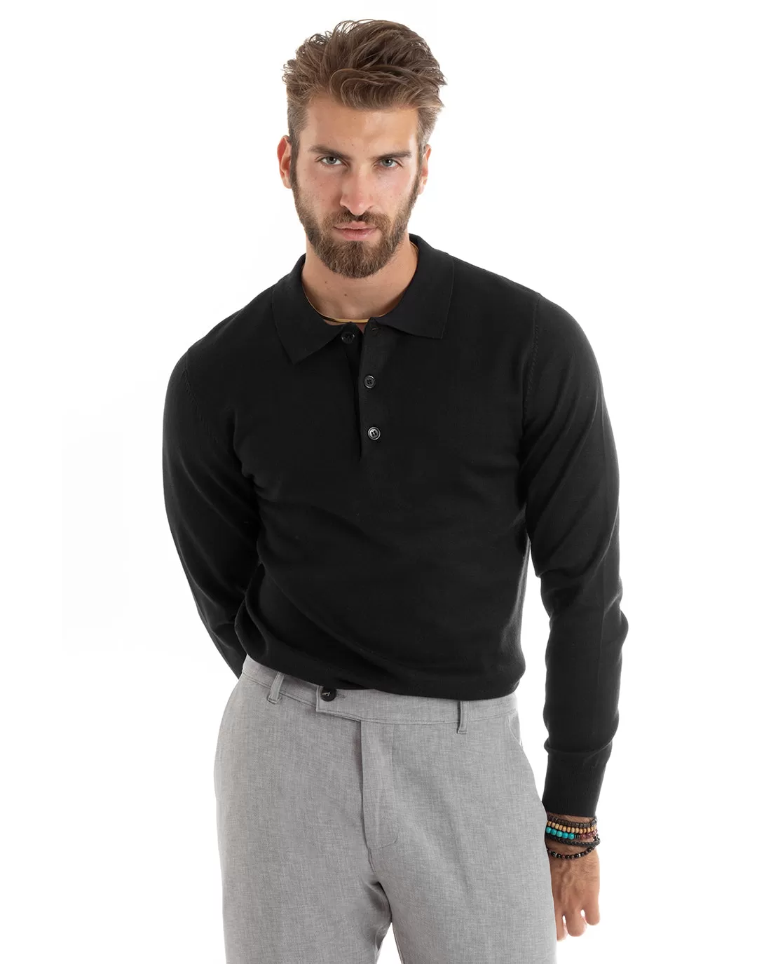 Maglioncino Uomo Casual Maglia Con Colletto Polo Tinta Unita Basic Nero GIOSAL-M2680A