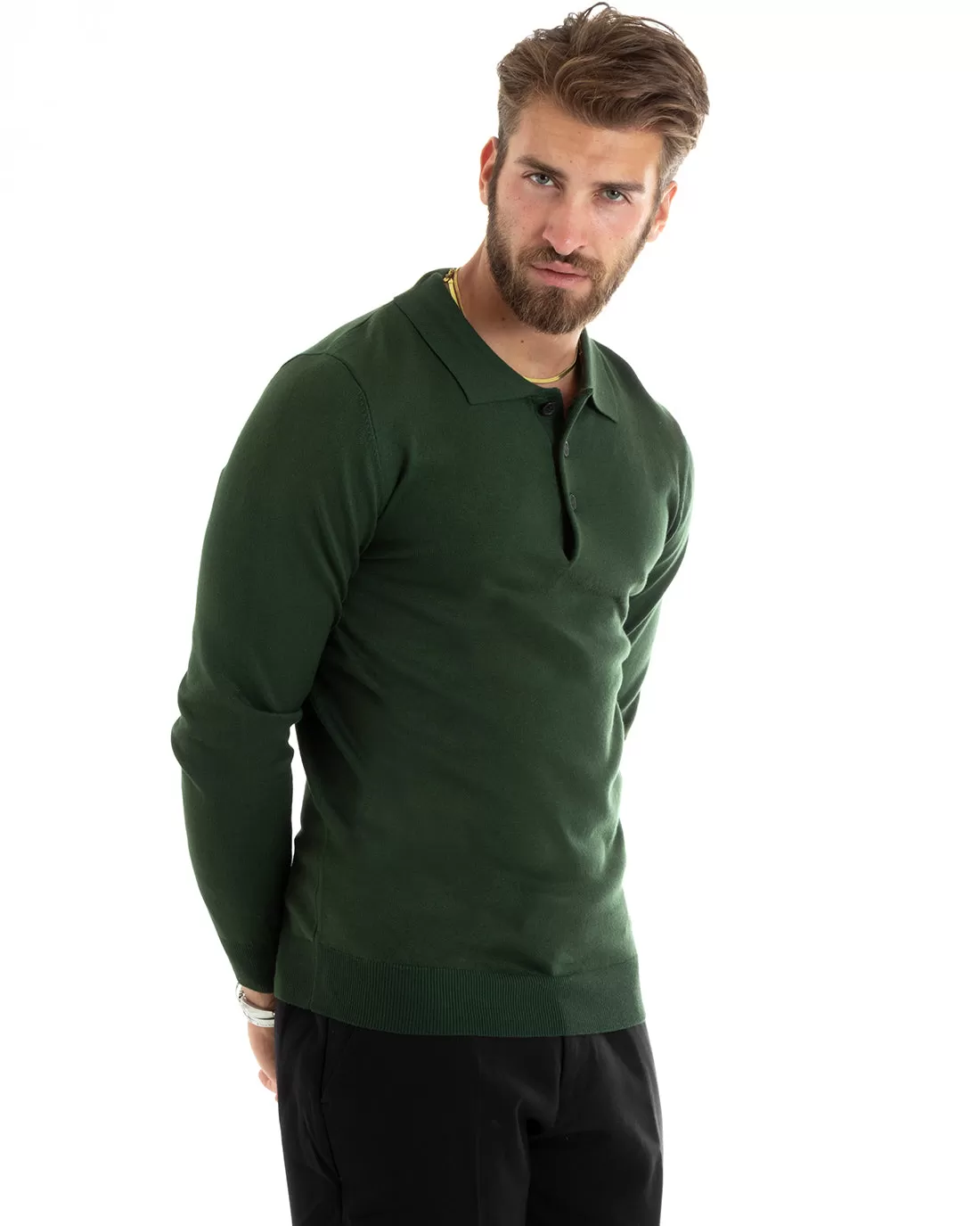 Maglioncino Uomo Casual Maglia Con Colletto Polo Tinta Unita Basic Verde GIOSAL-M2687A