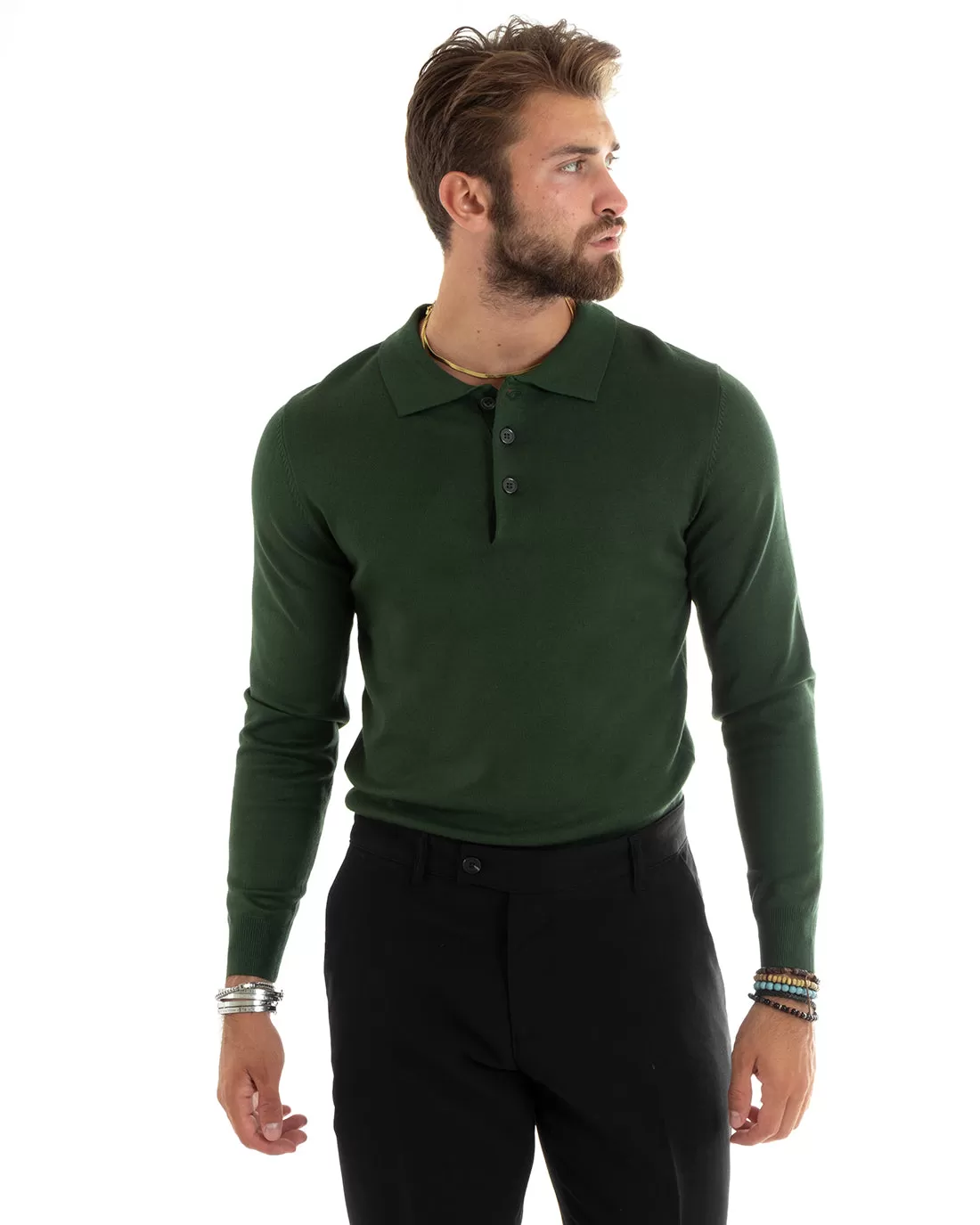 Maglioncino Uomo Casual Maglia Con Colletto Polo Tinta Unita Basic Verde GIOSAL-M2687A