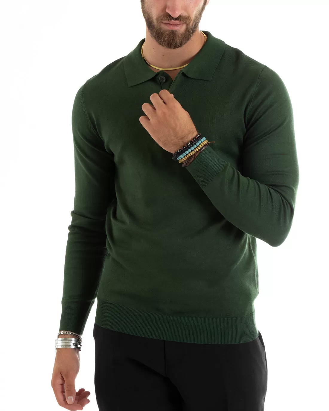 Maglioncino Uomo Casual Maglia Con Colletto Polo Tinta Unita Basic Verde GIOSAL-M2687A