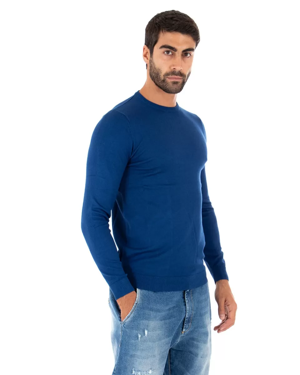 Maglioncino Uomo Casual Maglia Girocollo Tinta Unita Basic Blu Royal GIOSAL-M2502A