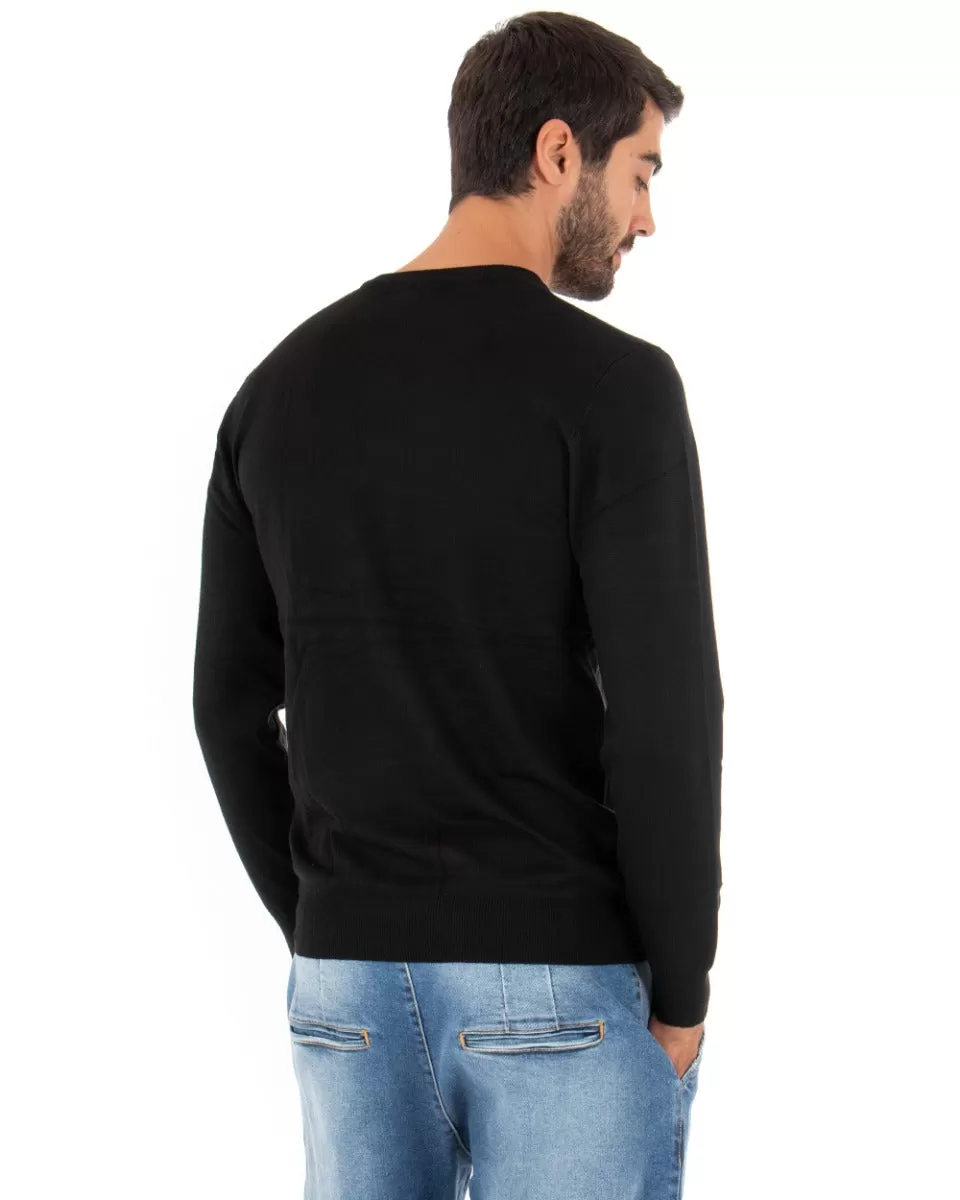 Maglioncino Uomo Casual Maglia Girocollo Tinta Unita Basic Nero GIOSAL-M2508A