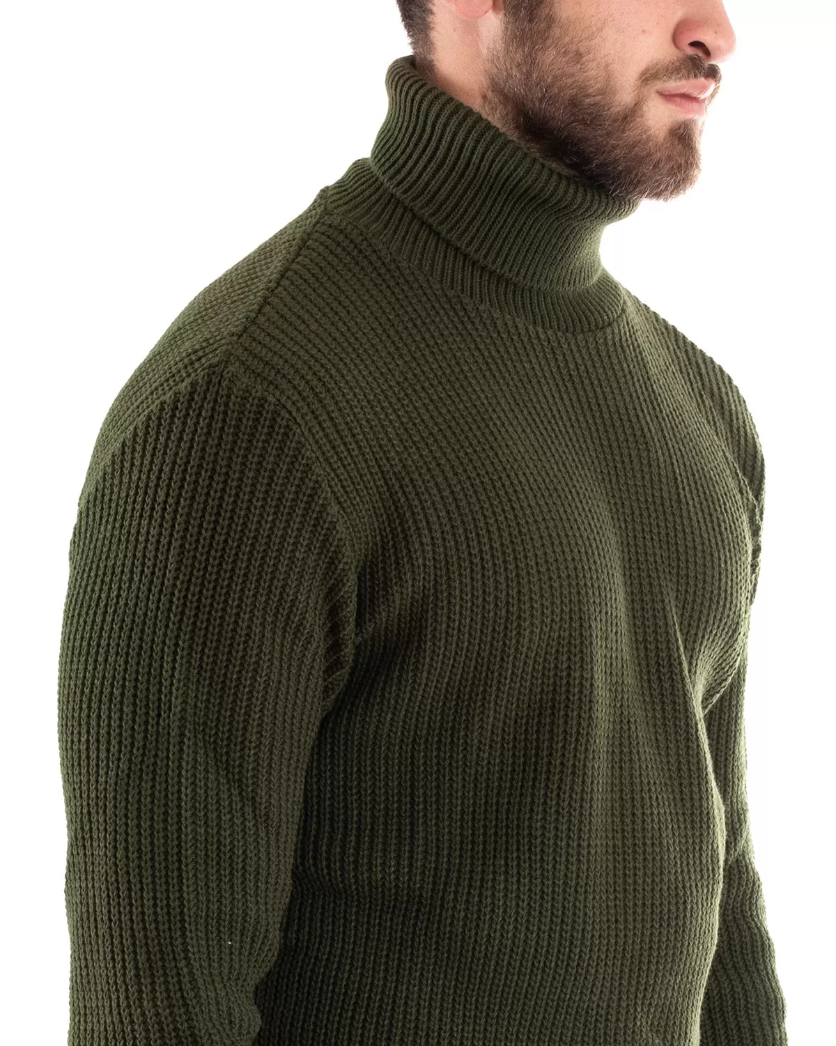 Maglioncino Uomo Collo Alto Tinta Unita Verde Militare Maglia Inglese Dolcevita Basic GIOSAL-M2355A