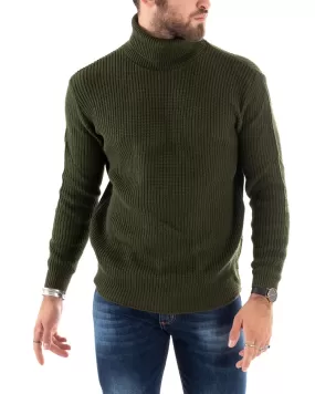 Maglioncino Uomo Collo Alto Tinta Unita Verde Militare Maglia Inglese Dolcevita Basic GIOSAL-M2355A