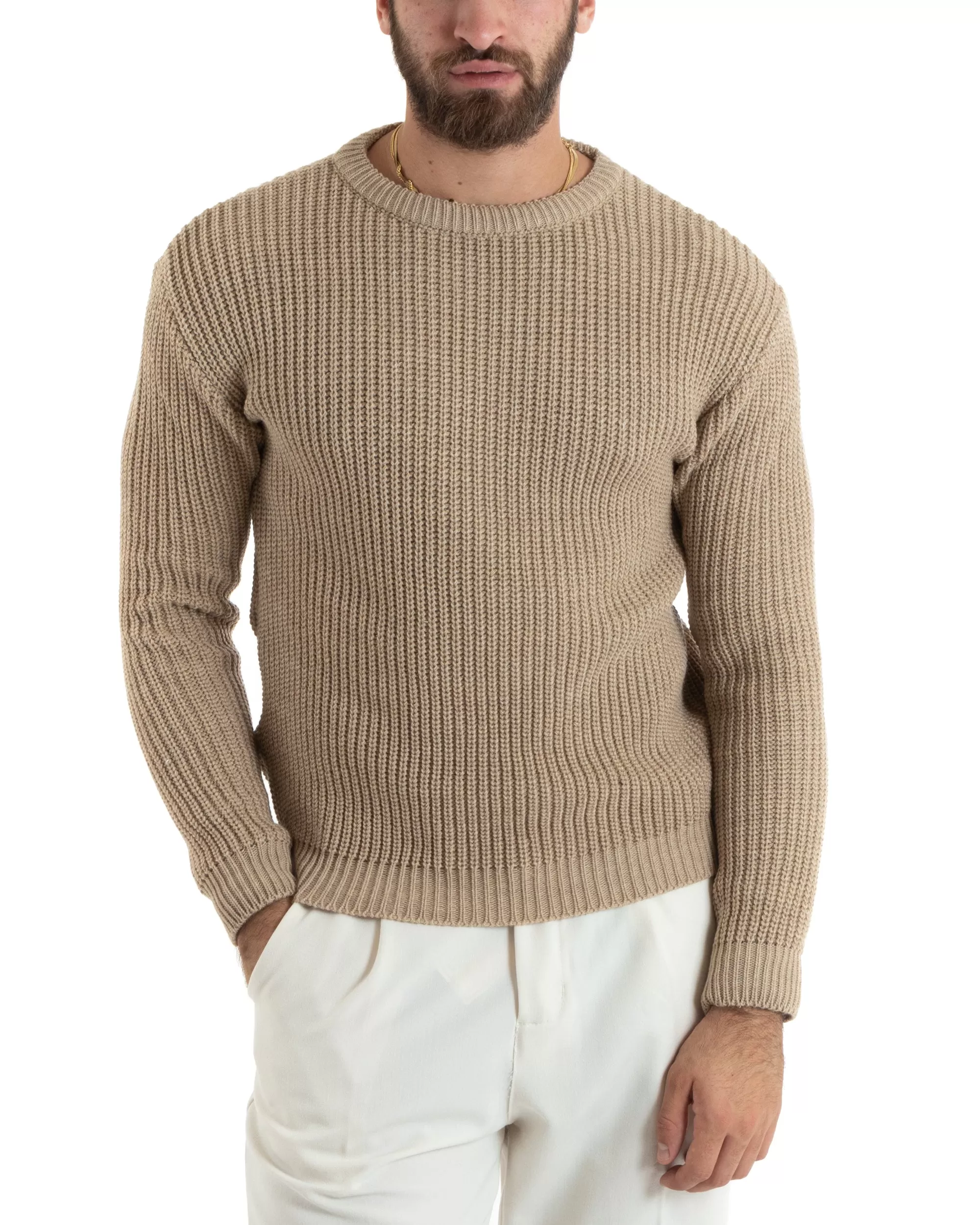 Maglioncino Uomo Girocollo Tinta Unita Beige Maglia Inglese Basic GIOSAL-M2745A