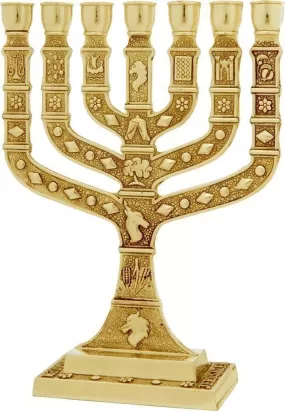 Medium Menorah In Gold Plated With 12 Signs From Jerusalem 25 cm