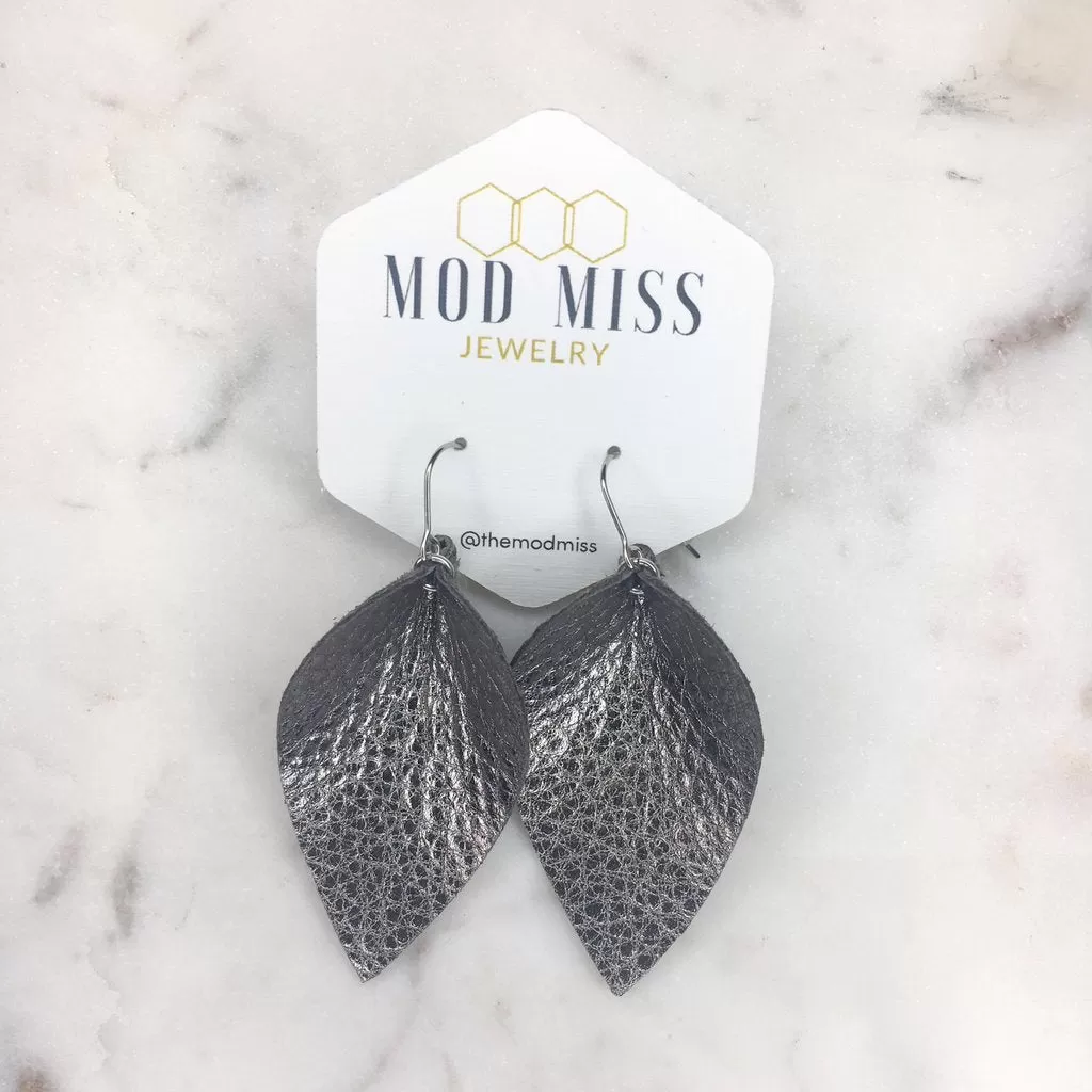 Merle Metallic Gunmetal Leather Petal Earrings