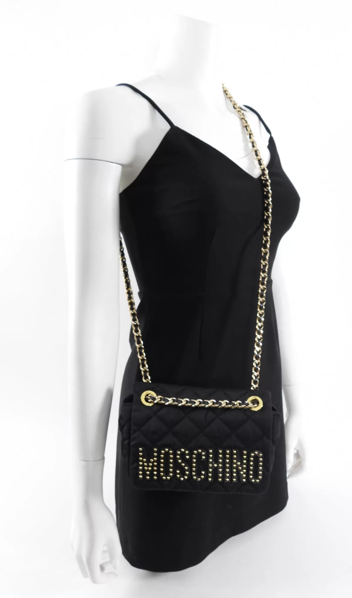 Moschino Black Nylon Logo Stud Chain Flap Bag