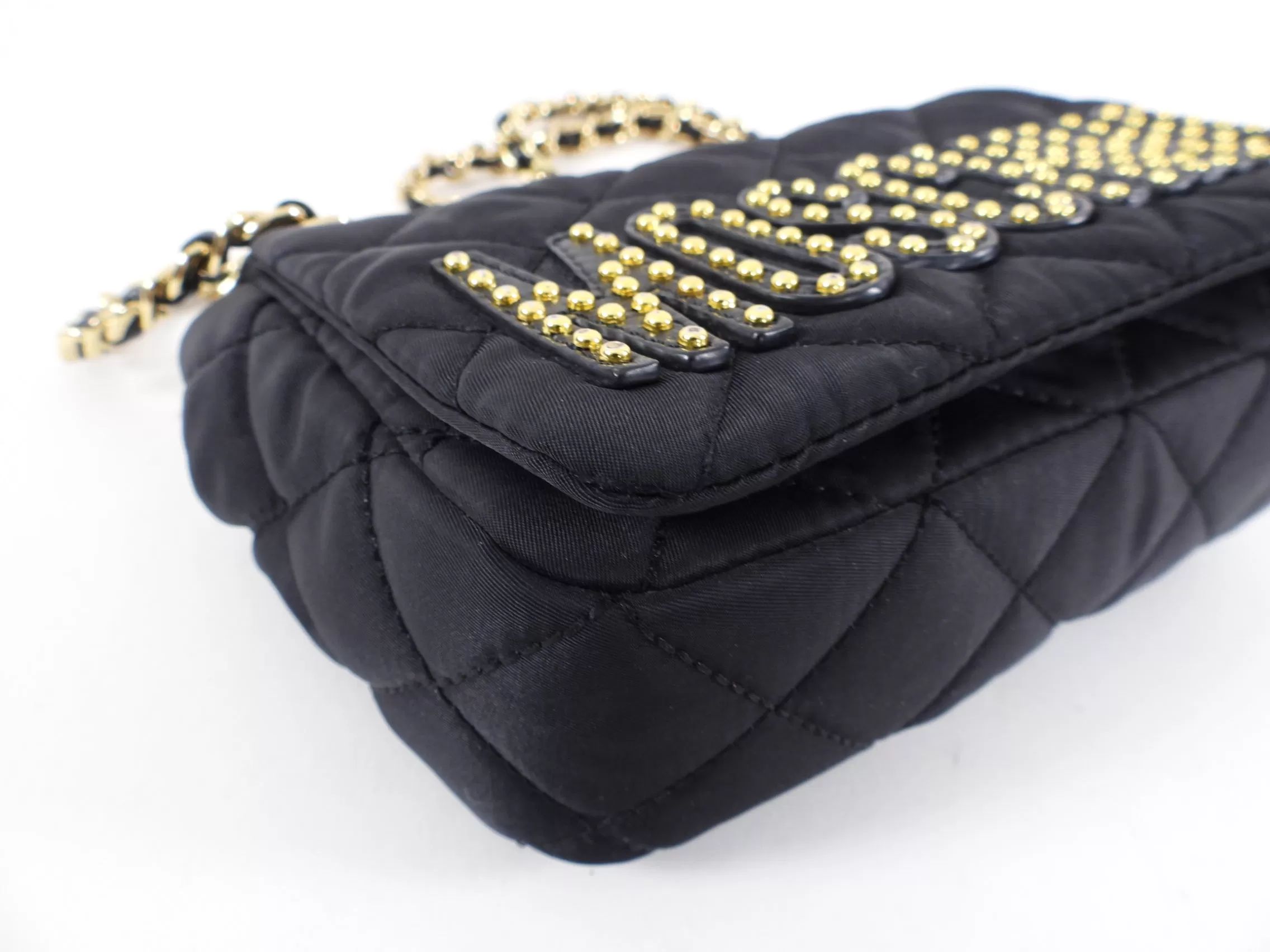 Moschino Black Nylon Logo Stud Chain Flap Bag