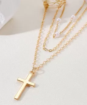 Multi Layered Gold Necklace With cross