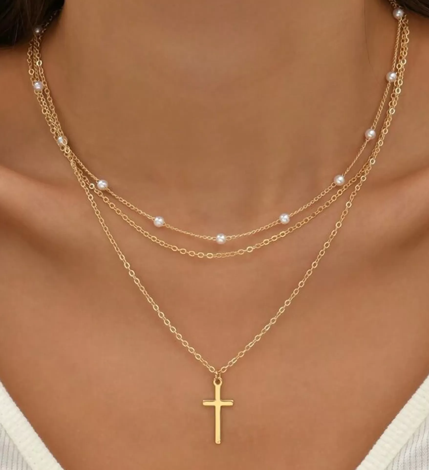 Multi Layered Gold Necklace With cross