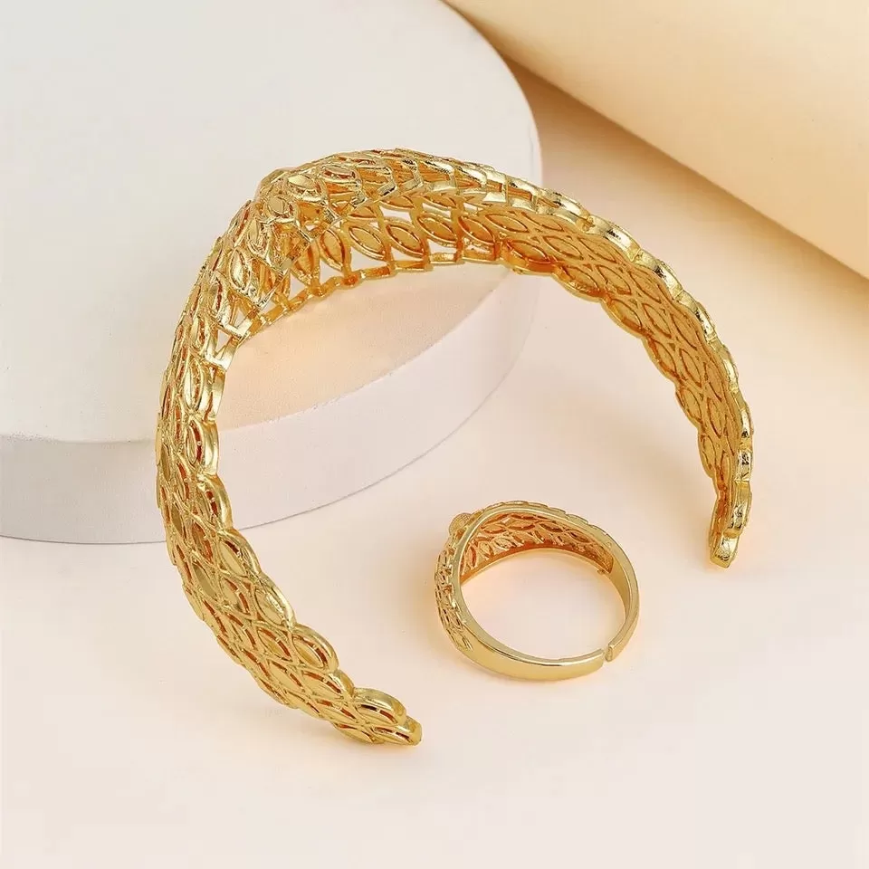 Open Copper Gold Bangle Ring Set for Women Petal Design Hollow Out Cuff Bracelet