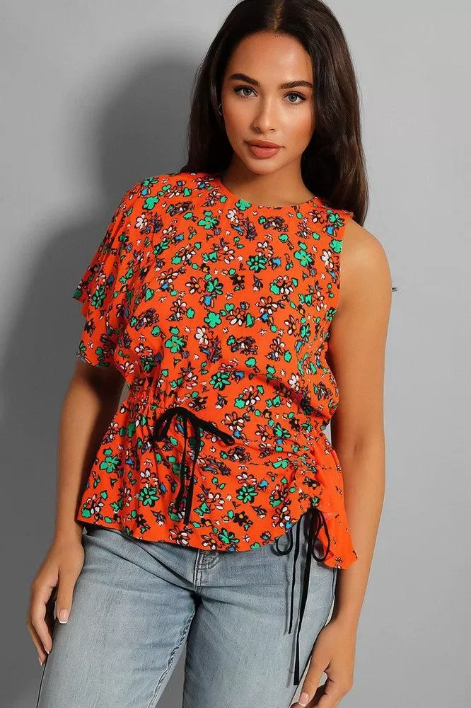 Orange Floral Asymmetric Drawstring Blouse