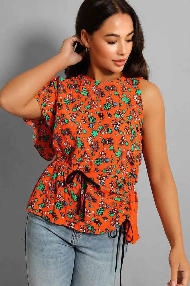 Orange Floral Asymmetric Drawstring Blouse