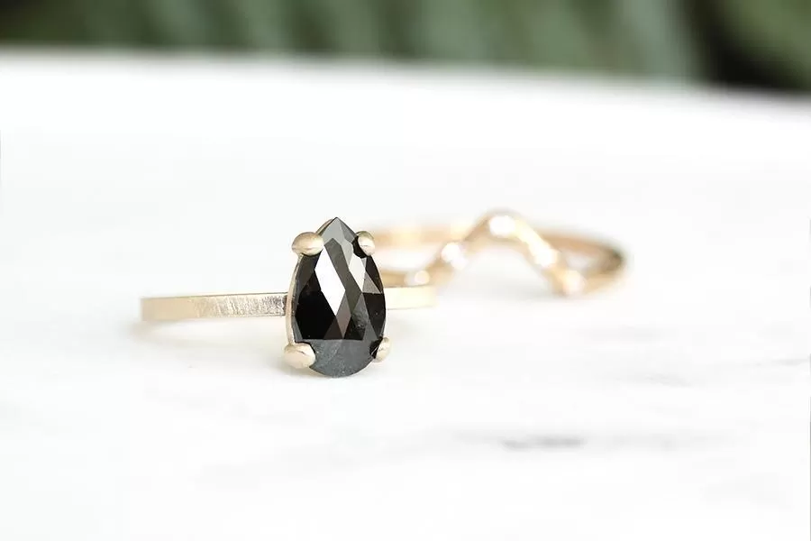 pear black rose cut diamond ring