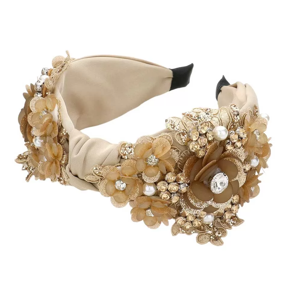 Pearl Stone Embellished Flower Cluster Knot Burnout Headband