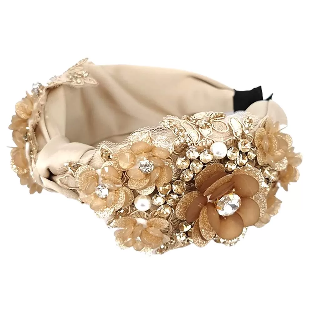 Pearl Stone Embellished Flower Cluster Knot Burnout Headband