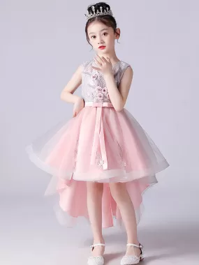 Pink Princess Lace Flower Girl Dresses Jewel Neck Sleeveless Hi-Lo Flowers Kids Social Party Dresses