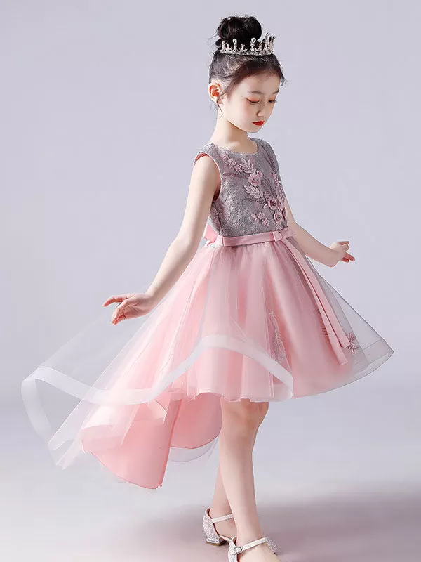 Pink Princess Lace Flower Girl Dresses Jewel Neck Sleeveless Hi-Lo Flowers Kids Social Party Dresses