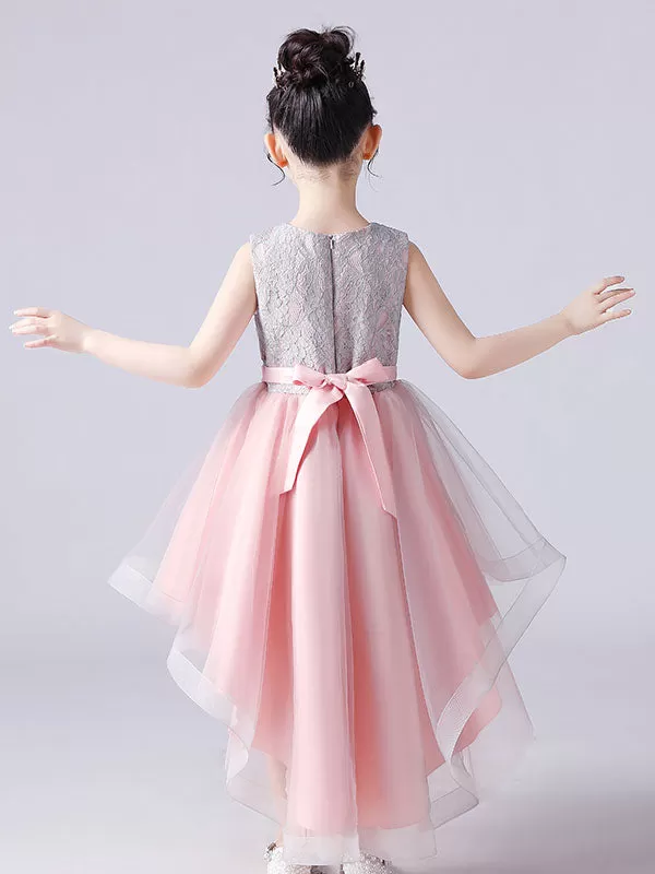 Pink Princess Lace Flower Girl Dresses Jewel Neck Sleeveless Hi-Lo Flowers Kids Social Party Dresses