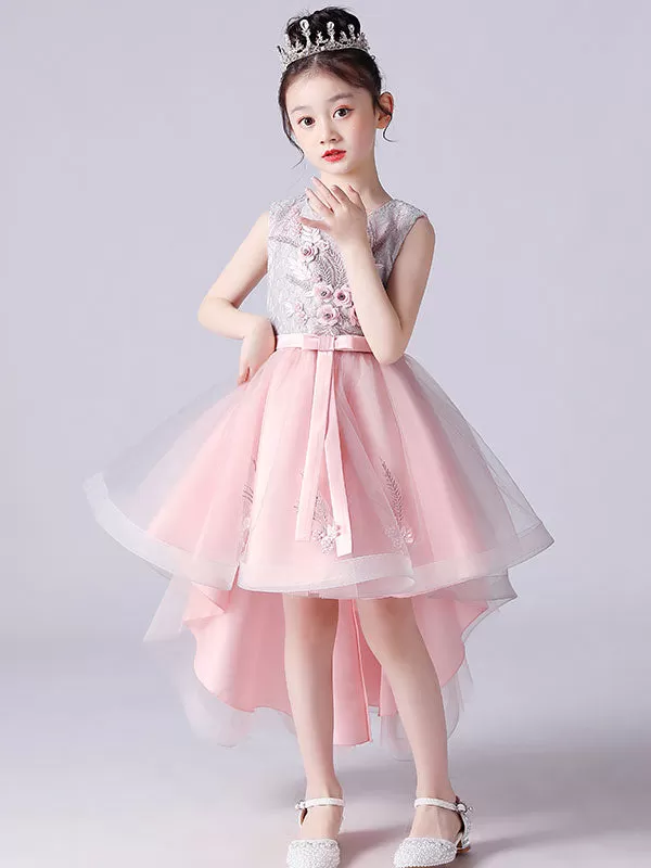 Pink Princess Lace Flower Girl Dresses Jewel Neck Sleeveless Hi-Lo Flowers Kids Social Party Dresses