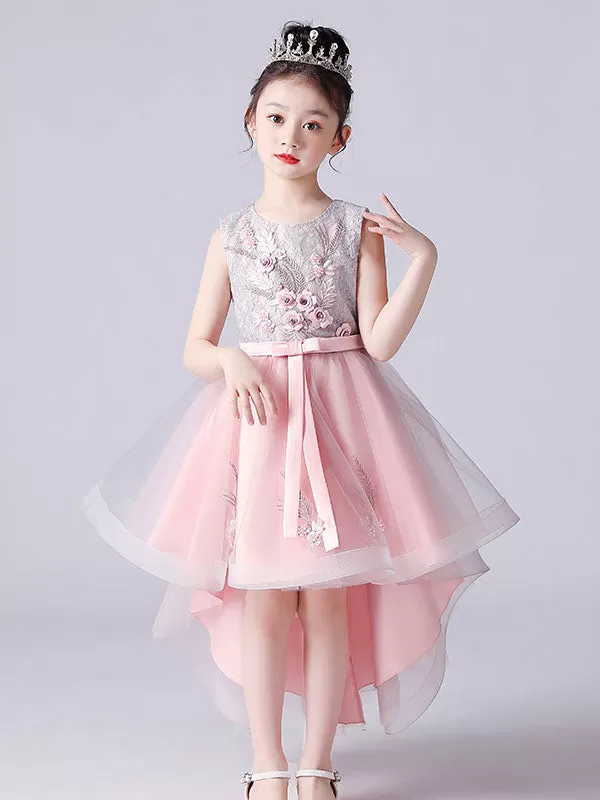 Pink Princess Lace Flower Girl Dresses Jewel Neck Sleeveless Hi-Lo Flowers Kids Social Party Dresses