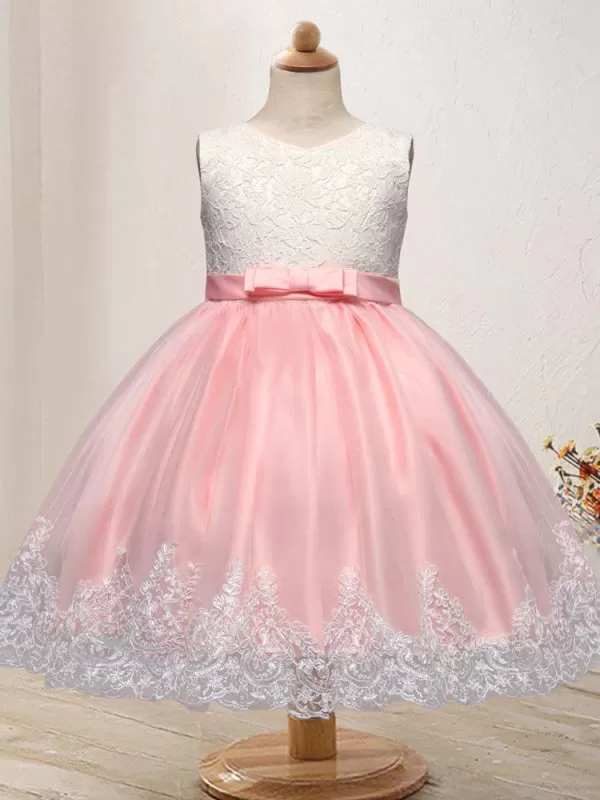 Pink Sleeveless Embroidered Kids Party Dresses Lace Appliques with Big Bowtie