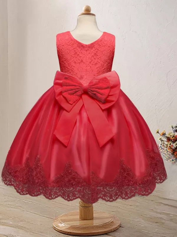 Pink Sleeveless Embroidered Kids Party Dresses Lace Appliques with Big Bowtie