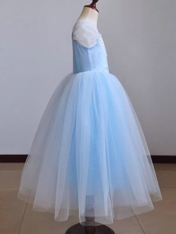 Princess Flower Girl Dresses Square Neck Sleeveless Sky Blue Lace Kids Party Dresses