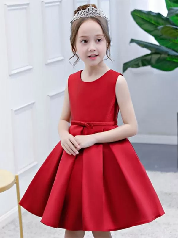 Princess Sleeveless Satin Flower Girl Dress Toddlers Knee Length Dress Pageant Dress