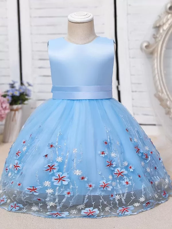 Purple Tulle Sleeveless Flower Girl Dresses Knee-Length A-Line Embroidered Kids Party Dresses