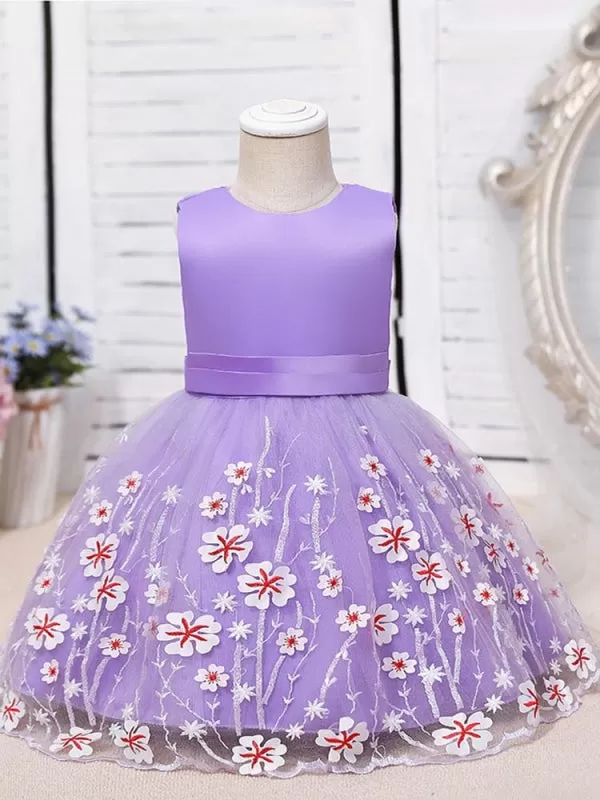 Purple Tulle Sleeveless Flower Girl Dresses Knee-Length A-Line Embroidered Kids Party Dresses