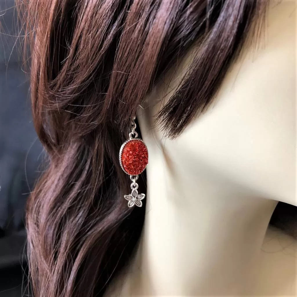 Red Druzy and Silver Flower Drop Earrings