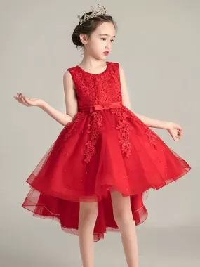 Red Floral Lace A-line Flower Girl Dresses Hi-Lo Jewel Neck Kids Social Party Dresses