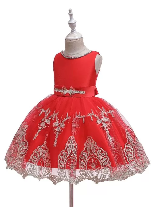 Red Short Sleeves Bows Kids Social Party Dresses Jewel Neck Flower Girl Dresses