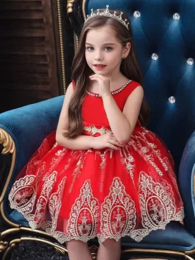 Red Short Sleeves Bows Kids Social Party Dresses Jewel Neck Flower Girl Dresses