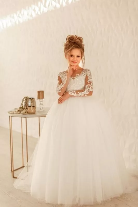 Romantic Long Sleeves White Tulle Lace Appliques Wedding Party Dress for Girls