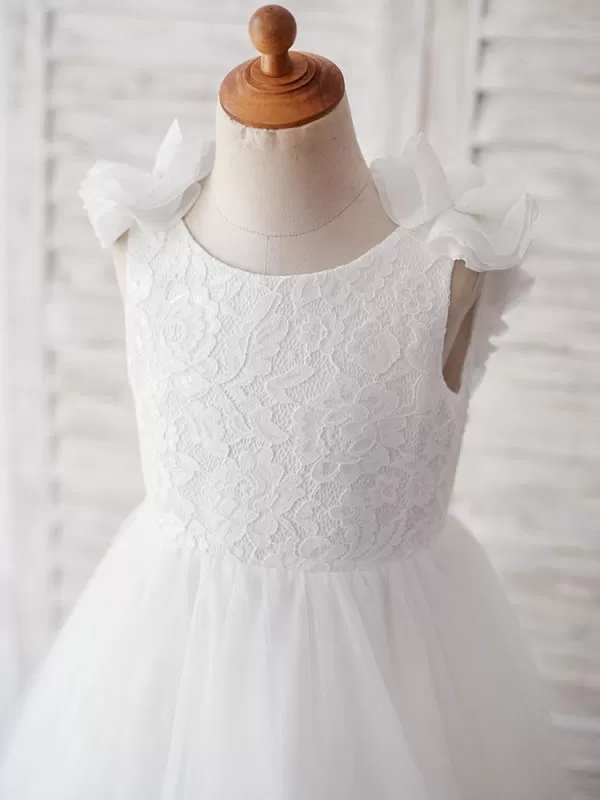 Romantic Pure White Tulle Pearls Flower Girl Dresses Sleeveless A-line Kids Party Dresses