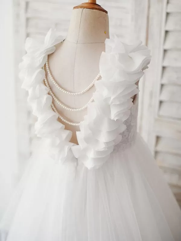 Romantic Pure White Tulle Pearls Flower Girl Dresses Sleeveless A-line Kids Party Dresses