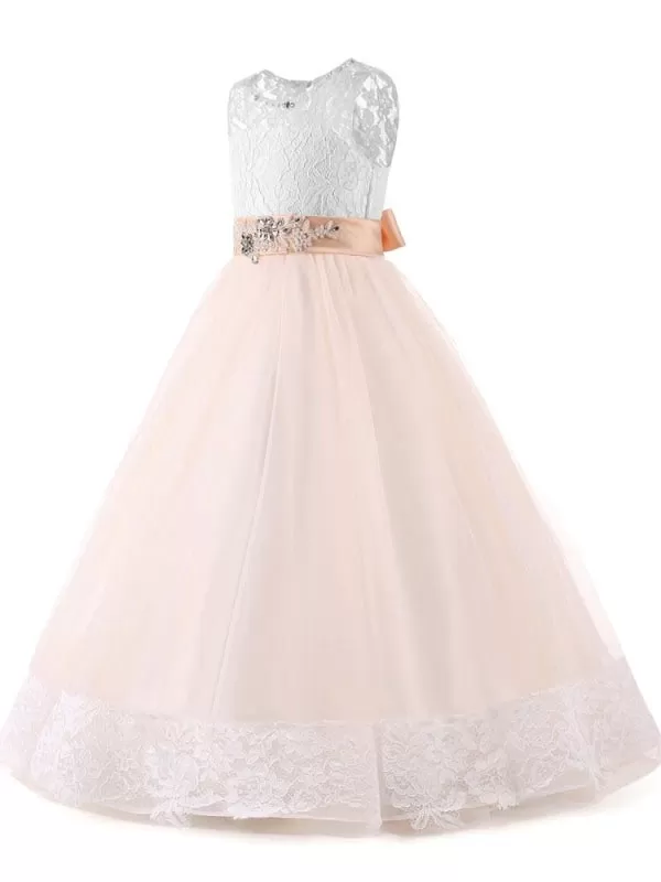 Round Neck Lace Tulle Ball Gown Flower Girl Dresses Jewel Neck Lace Sleeveless Ankle Length Kids Pageant Dresses